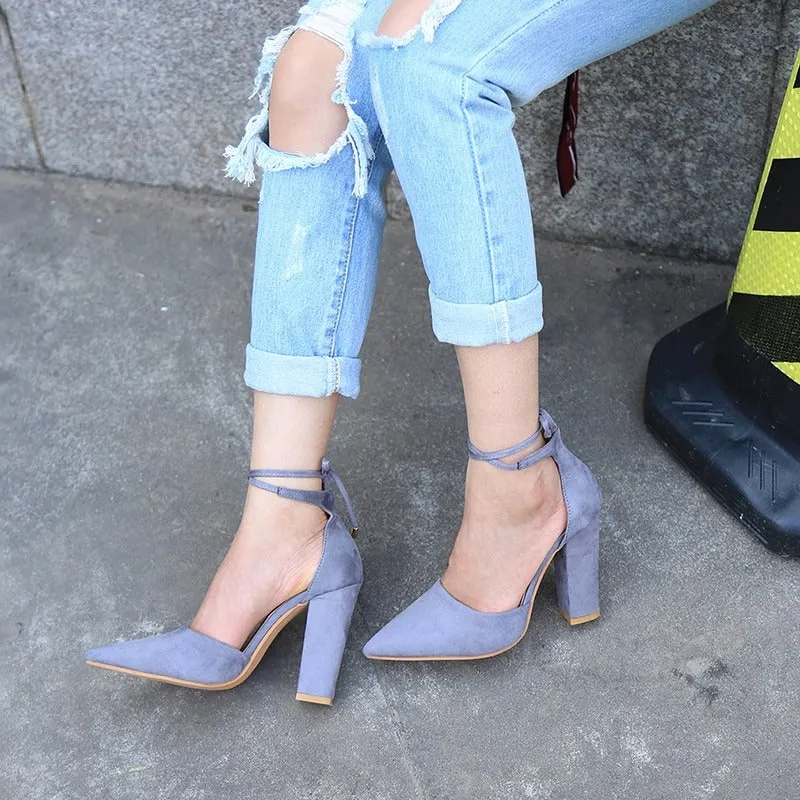 6 Colors Pointed Strappy Lace Up Pumps with Sexy Retro High Thick Heels