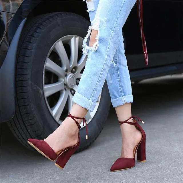 6 Colors Pointed Strappy Lace Up Pumps with Sexy Retro High Thick Heels