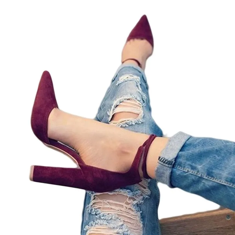 6 Colors Pointed Strappy Lace Up Pumps with Sexy Retro High Thick Heels