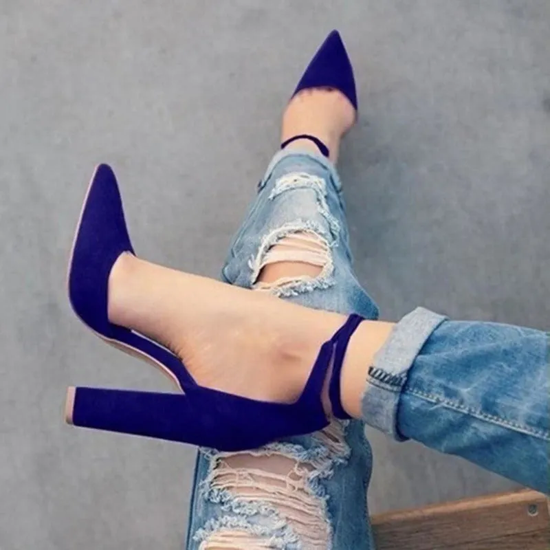 6 Colors Pointed Strappy Lace Up Pumps with Sexy Retro High Thick Heels