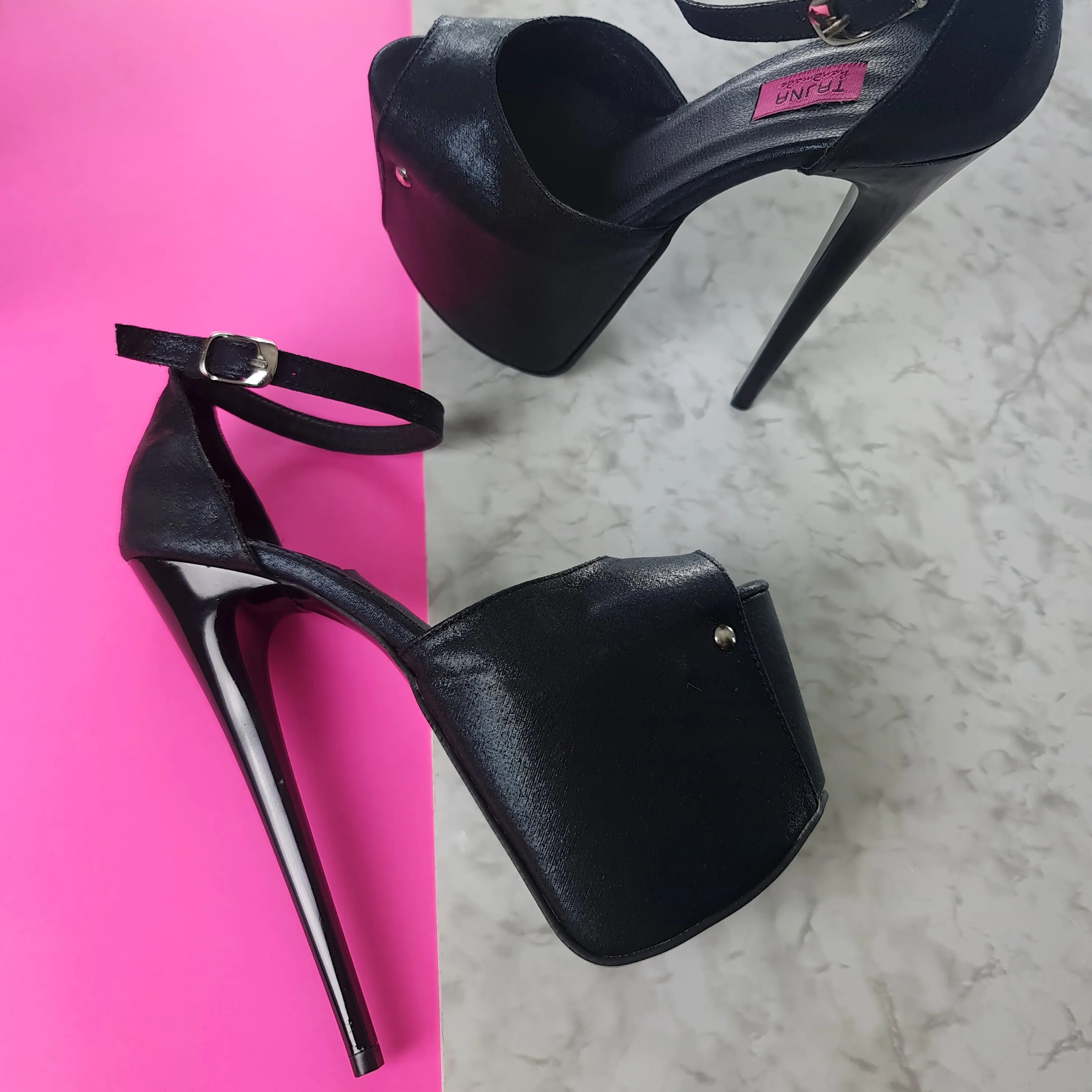 Black Hard Satin Ankle Strap High Heel Sandals