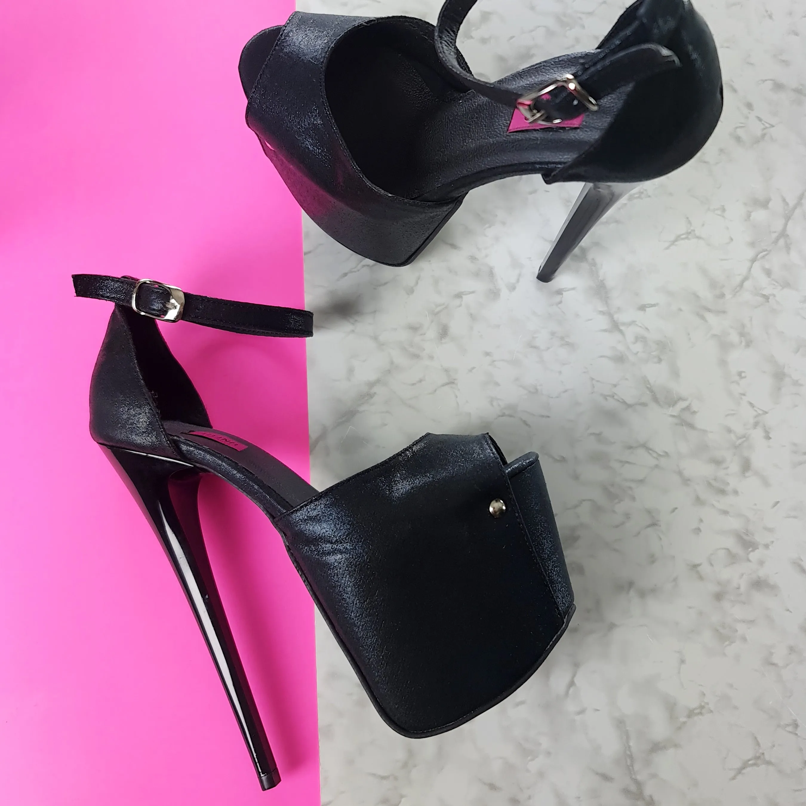 Black Hard Satin Ankle Strap High Heel Sandals