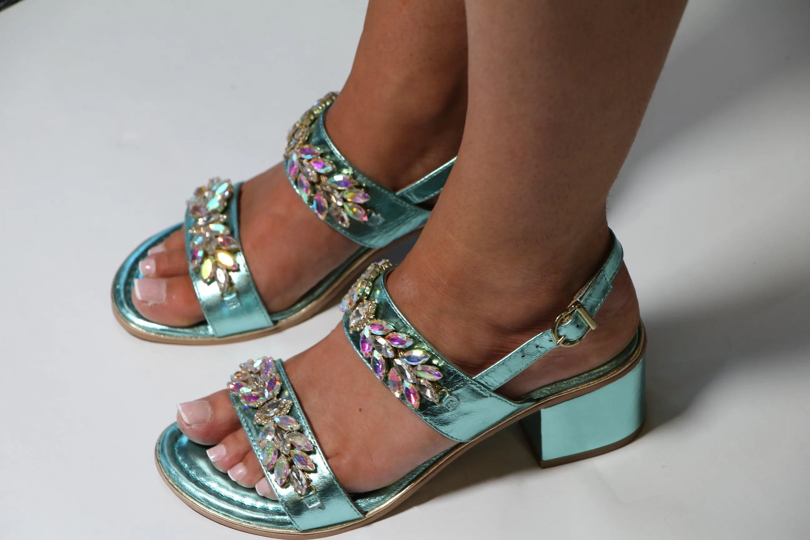 BOTTEGA Aqua Blue Leather Embellished Block Heel Sandal