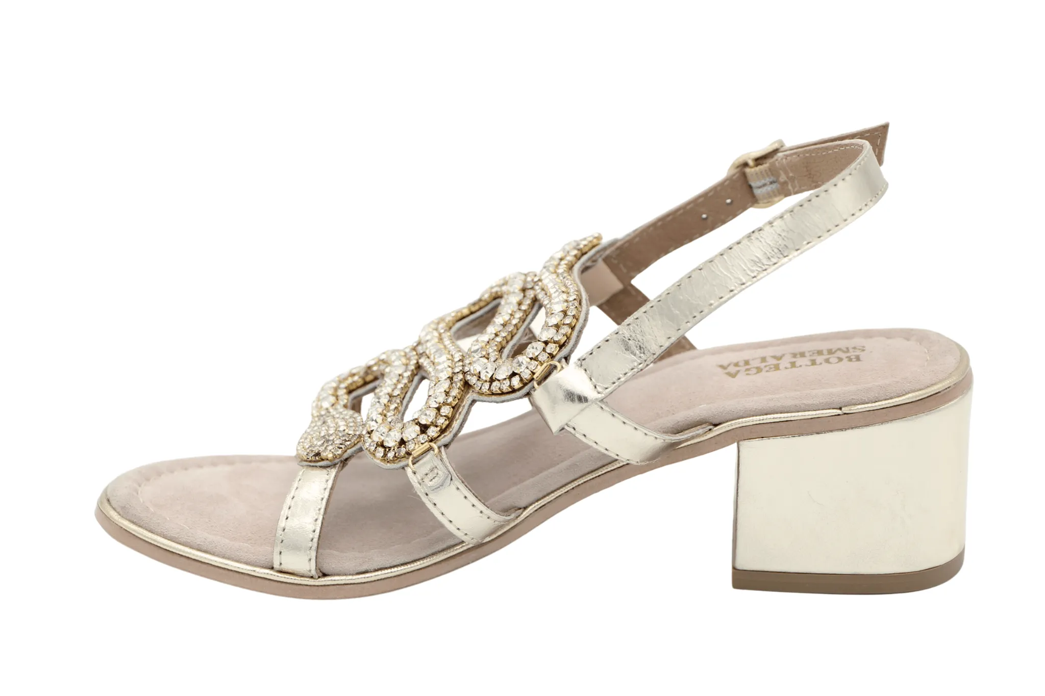 BOTTEGA Gold Leather Embellished Block Heel Sandal