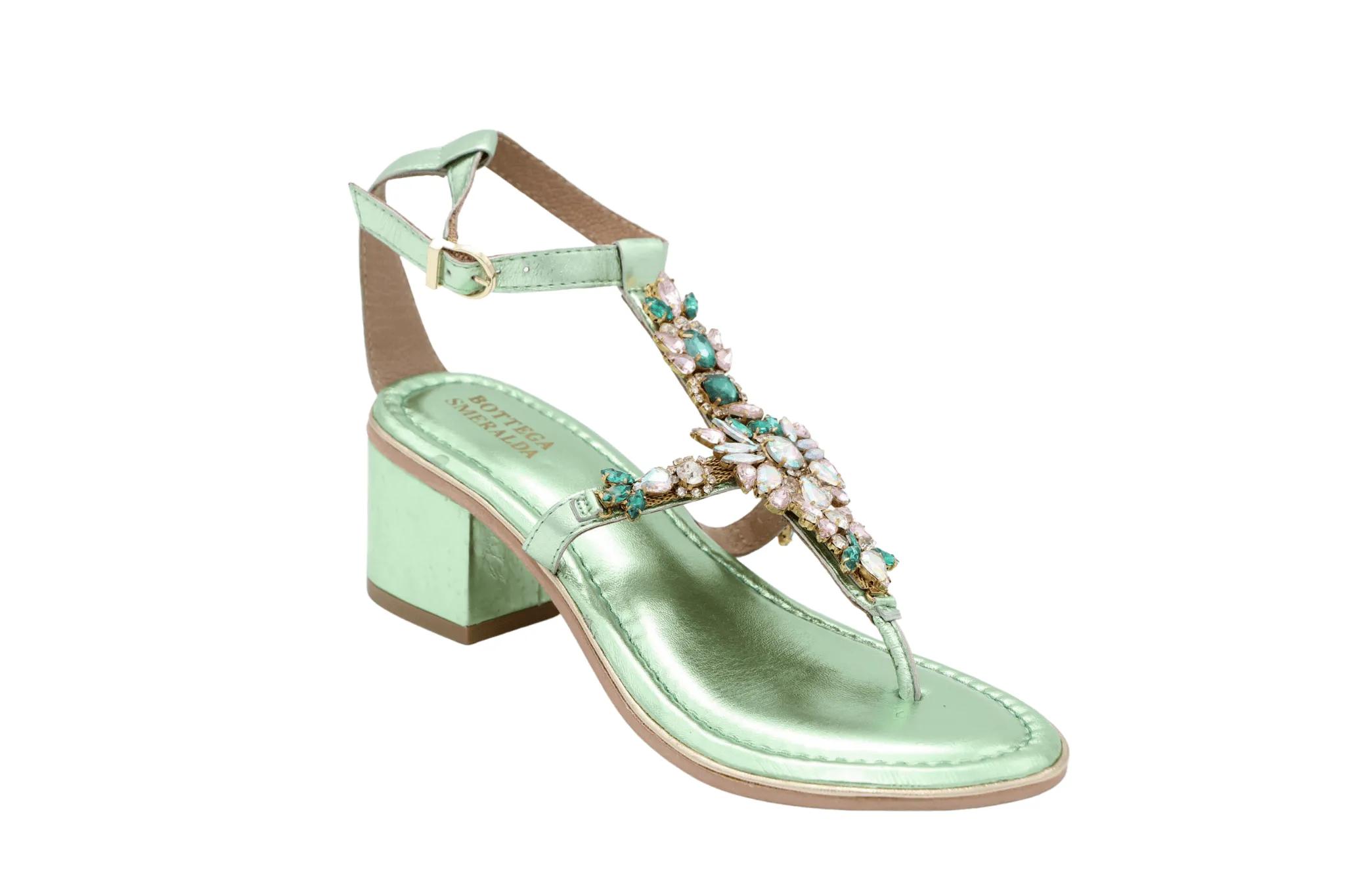 BOTTEGA Mint Green Metallic embellished Block Heel Sandal