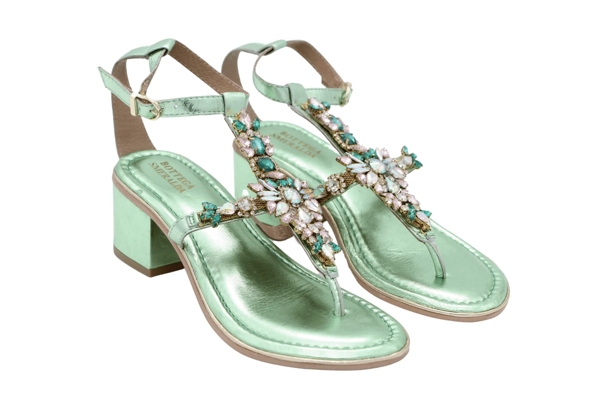 BOTTEGA Mint Green Metallic embellished Block Heel Sandal