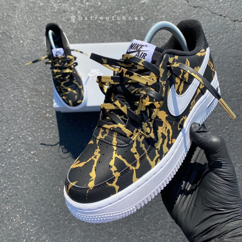 Custom Hand Painted Gold and Black Marble Nike Air Force 1 Low