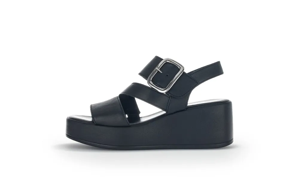 GABOR Black Leather High Wedge Sandal 53327