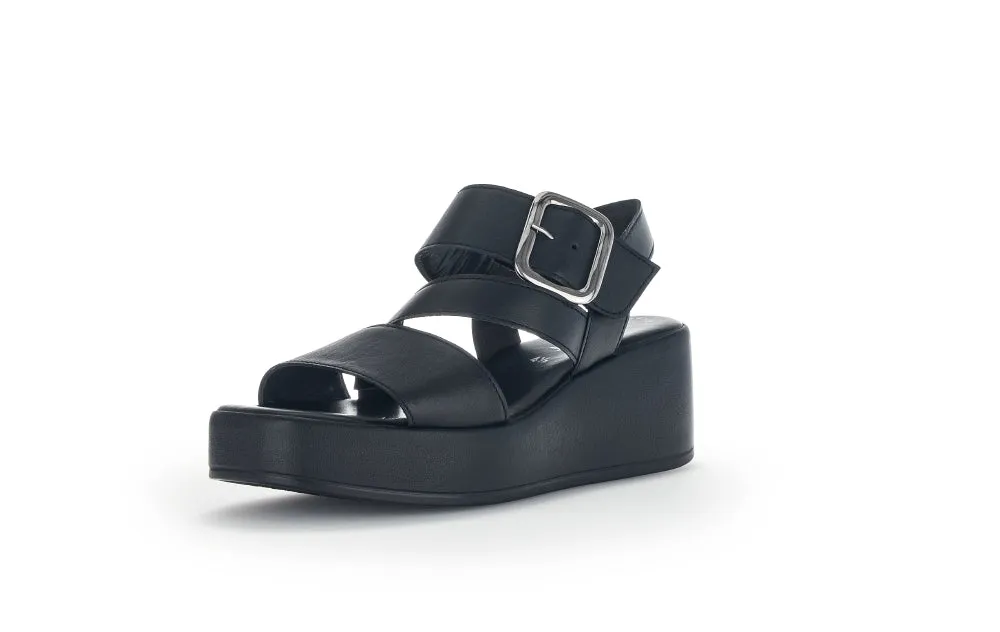 GABOR Black Leather High Wedge Sandal 53327