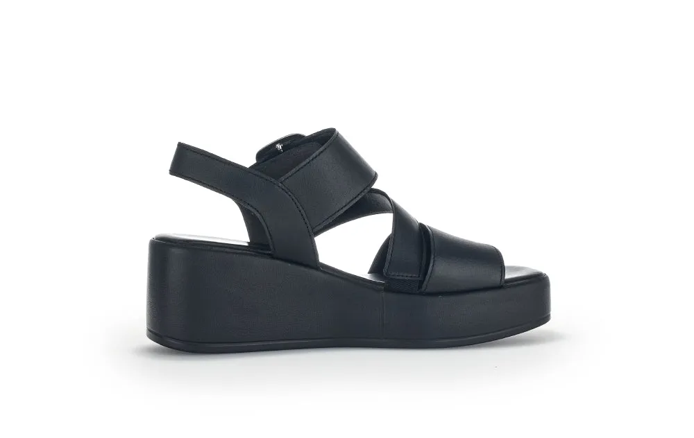 GABOR Black Leather High Wedge Sandal 53327