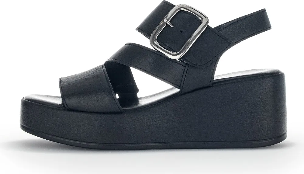 GABOR Black Leather High Wedge Sandal 53327