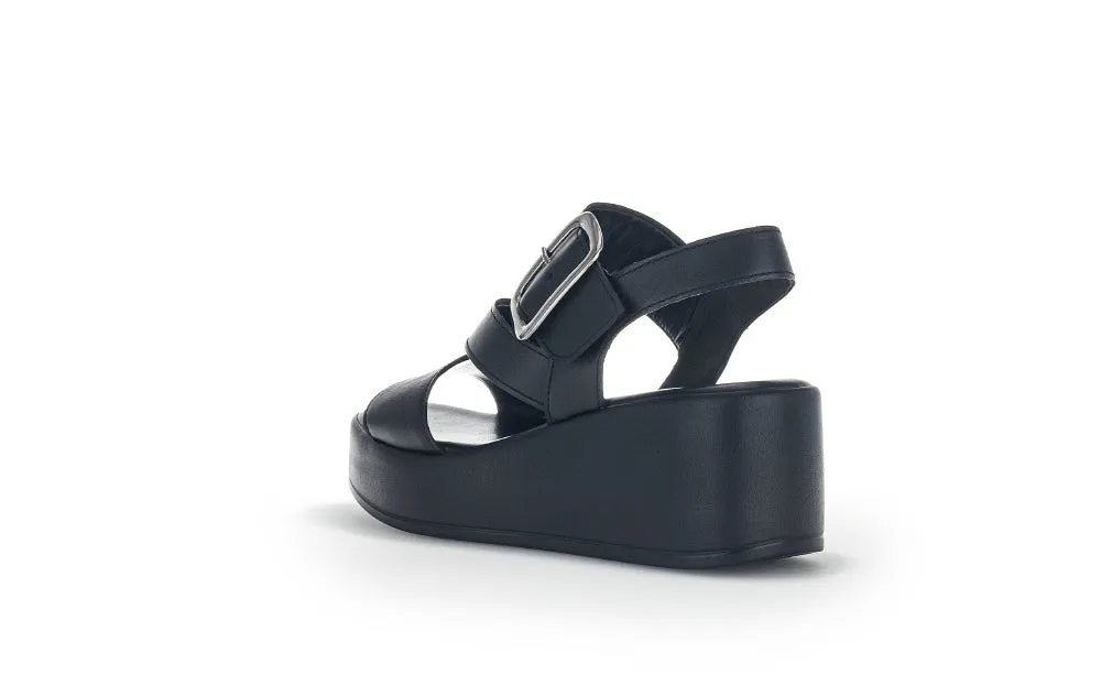 GABOR Black Leather High Wedge Sandal 53327