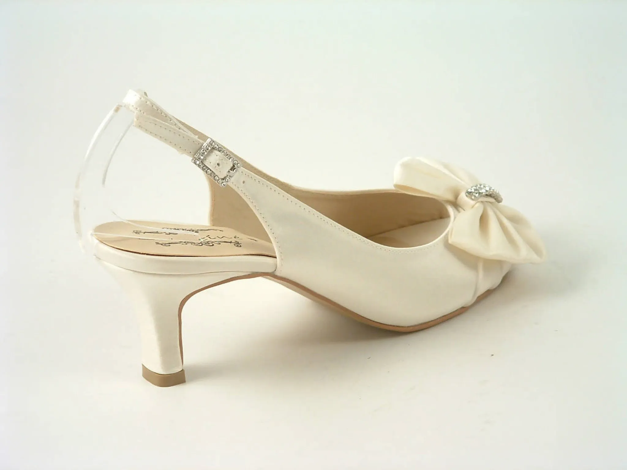 Glitz Shoes Diamante Ivory Satin Low Heel Peep Toe Shoe