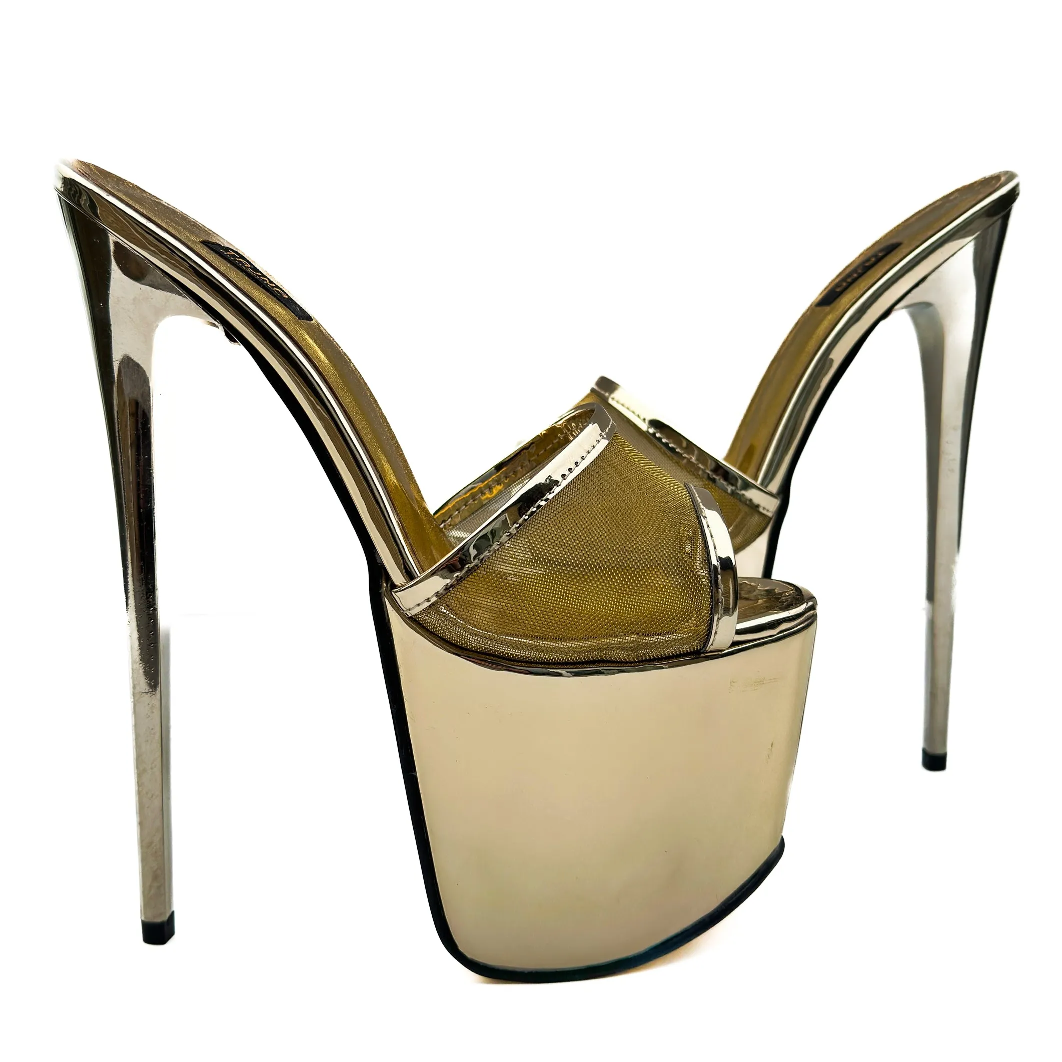 Gold Mirror Transparent Strap High Heel Mules