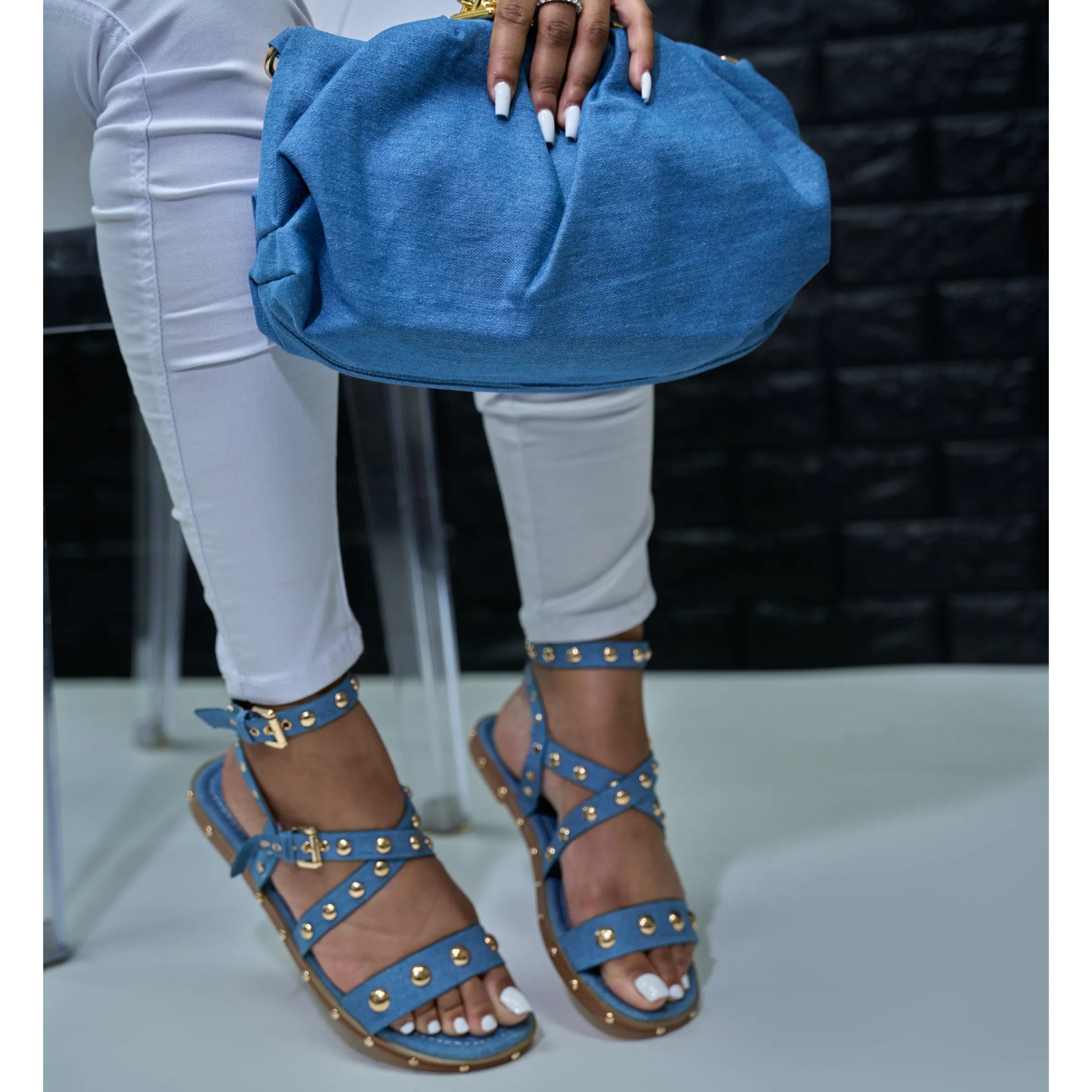 gold studded denim sandal - jean