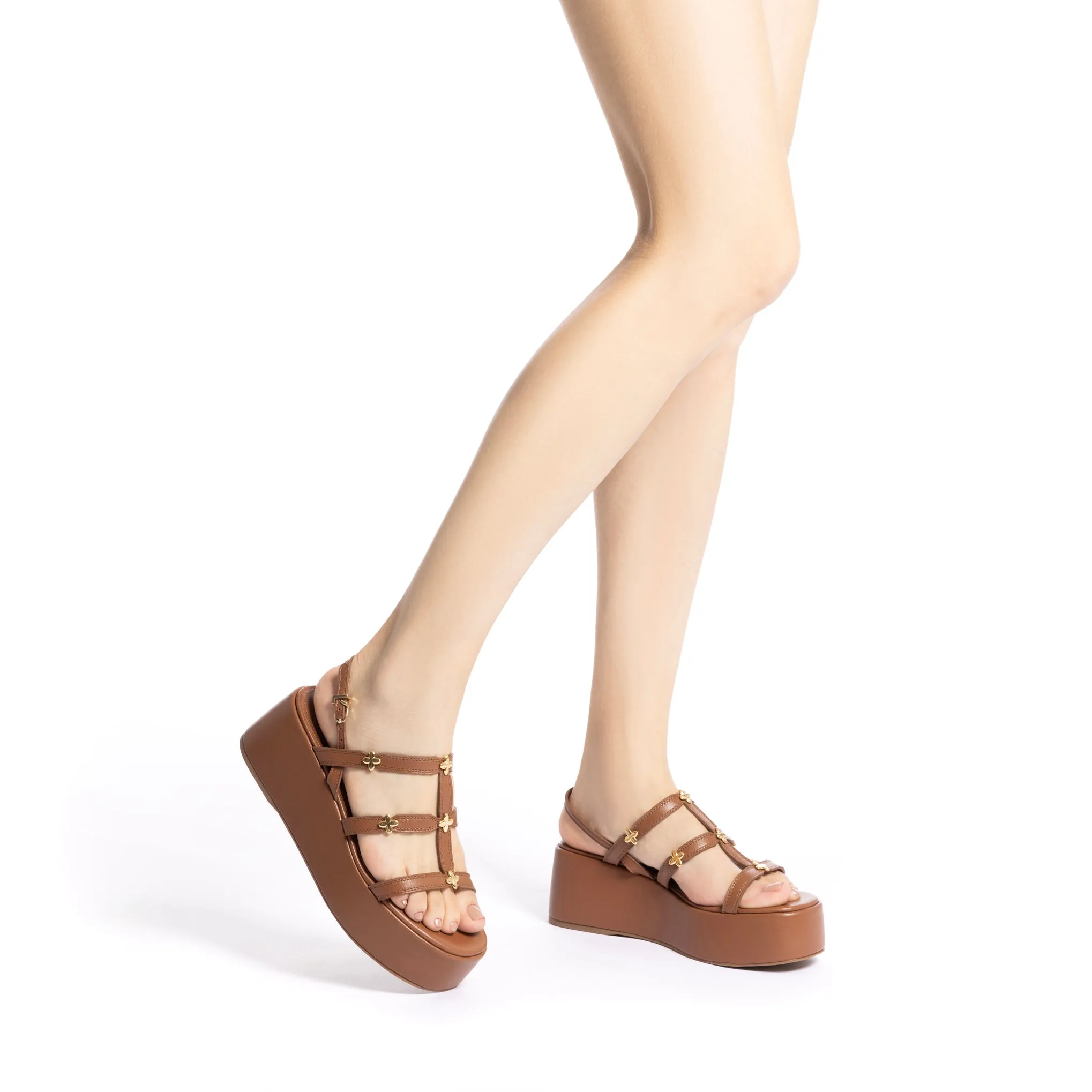 Harmony Flatform Sandal In Caramel Leather