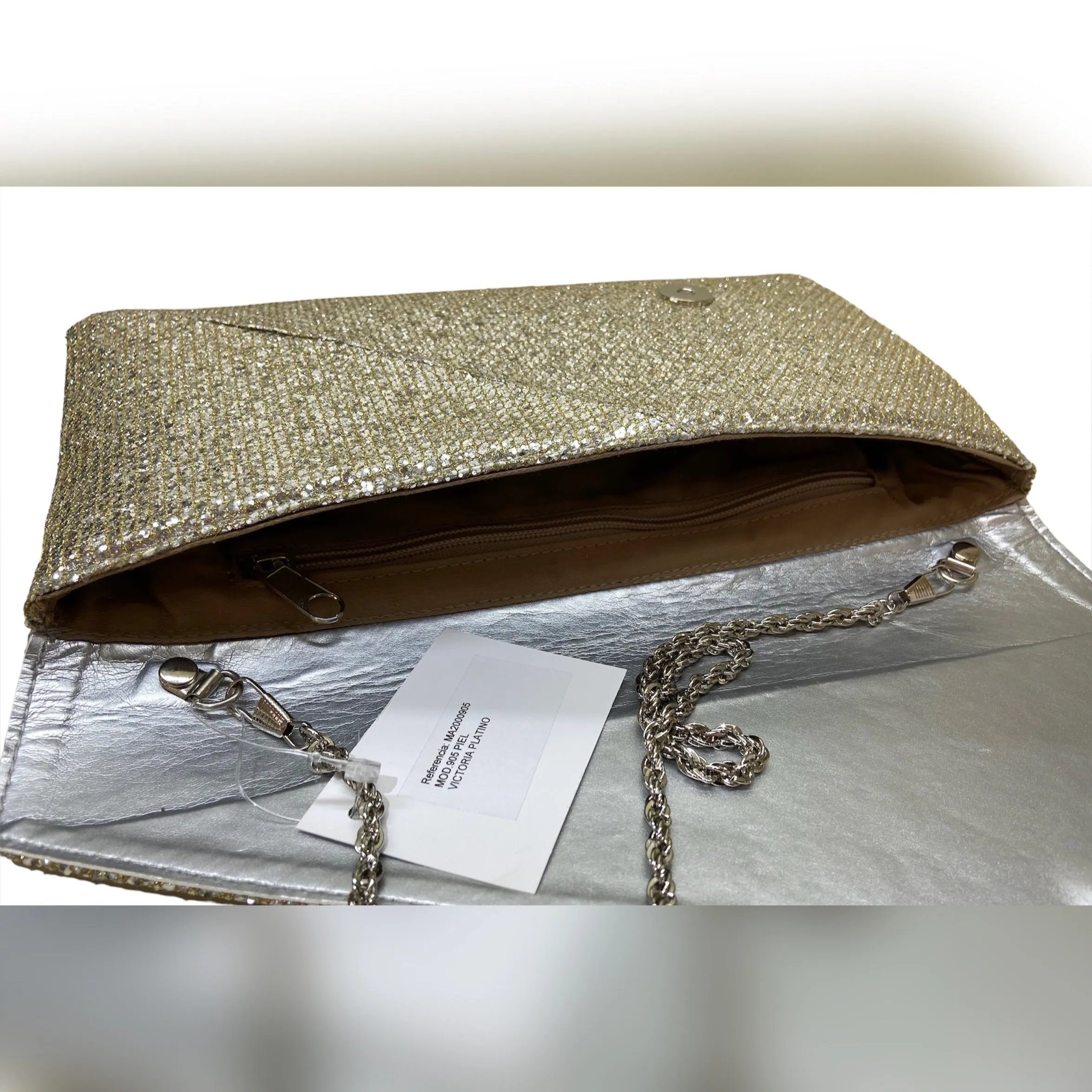 MARIAN Silver Shimmer Leather Envelope Clutch Bag