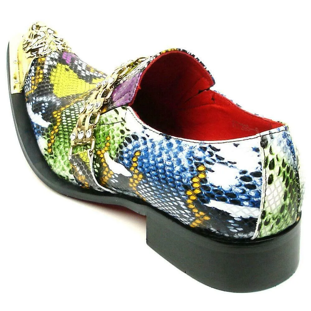 Men's Fiesso Multi-Colored Leather Python Print Slip on Shoes Metal Tip FI 7395