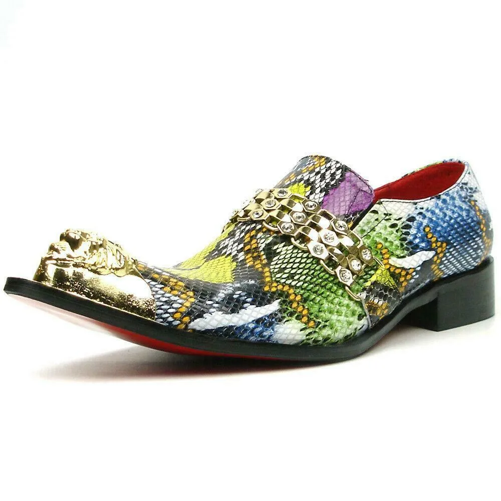 Men's Fiesso Multi-Colored Leather Python Print Slip on Shoes Metal Tip FI 7395