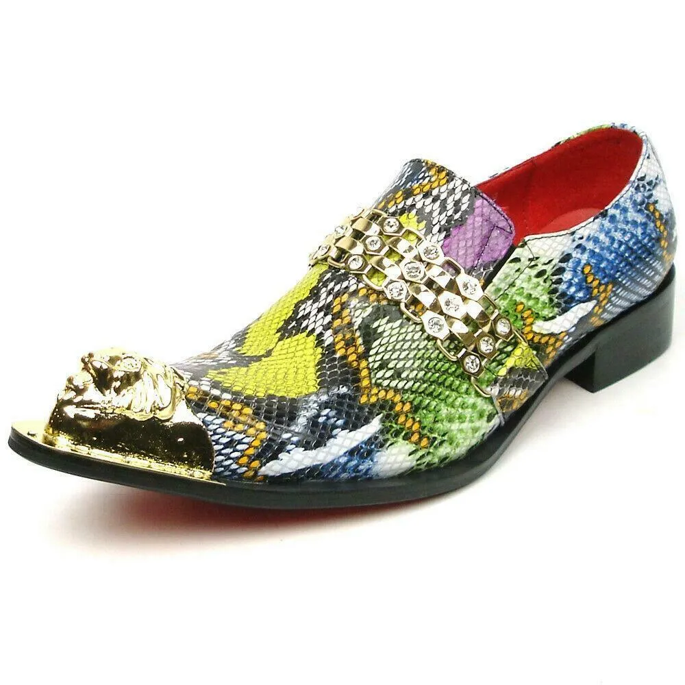 Men's Fiesso Multi-Colored Leather Python Print Slip on Shoes Metal Tip FI 7395