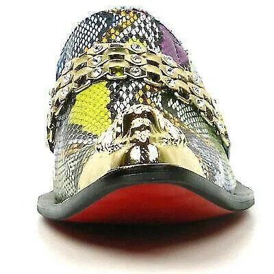 Men's Fiesso Multi-Colored Leather Python Print Slip on Shoes Metal Tip FI 7395