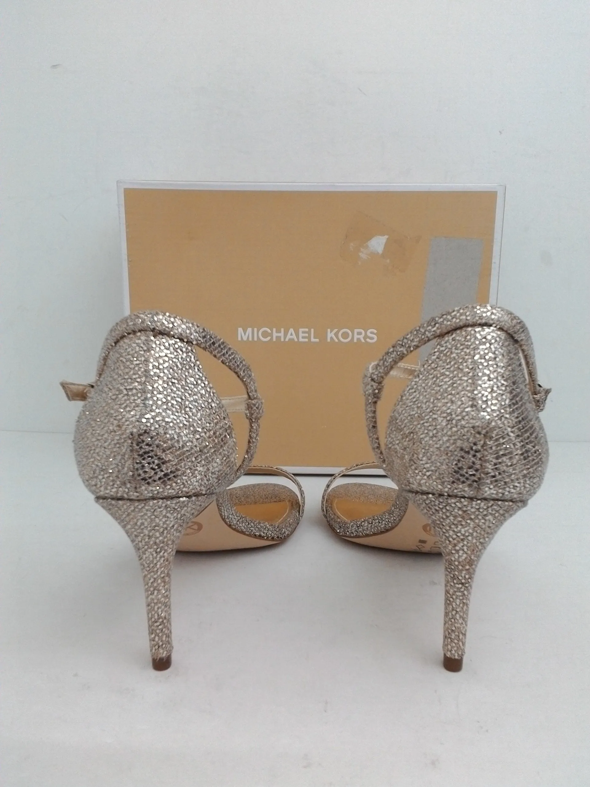 Michael Kors Women's Simone Mid Sandal Glitter Silver Sand Size 6.5 M