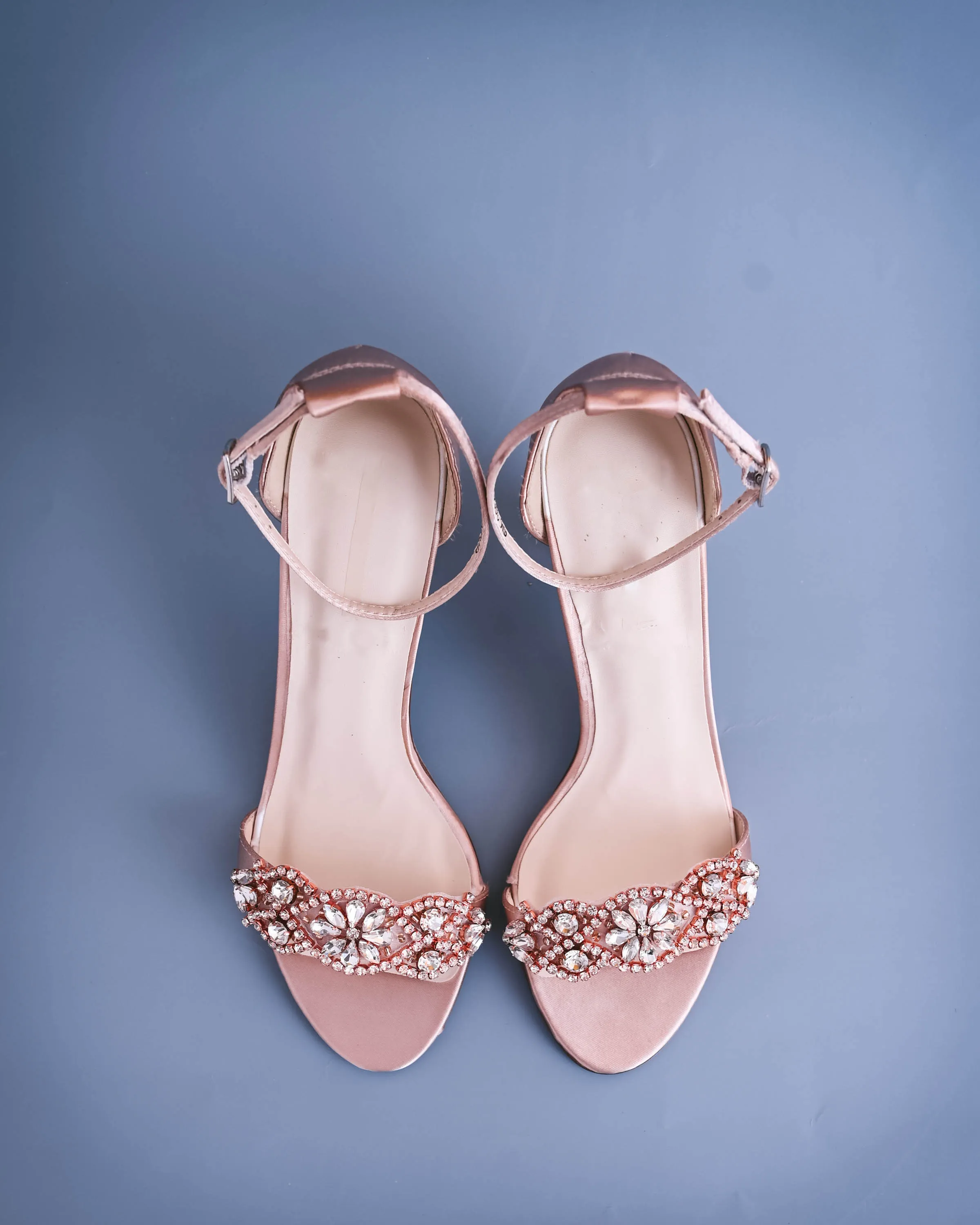 Nayomi Blush Bridal Sandals with Rose Gold & Silver Crystal Applique