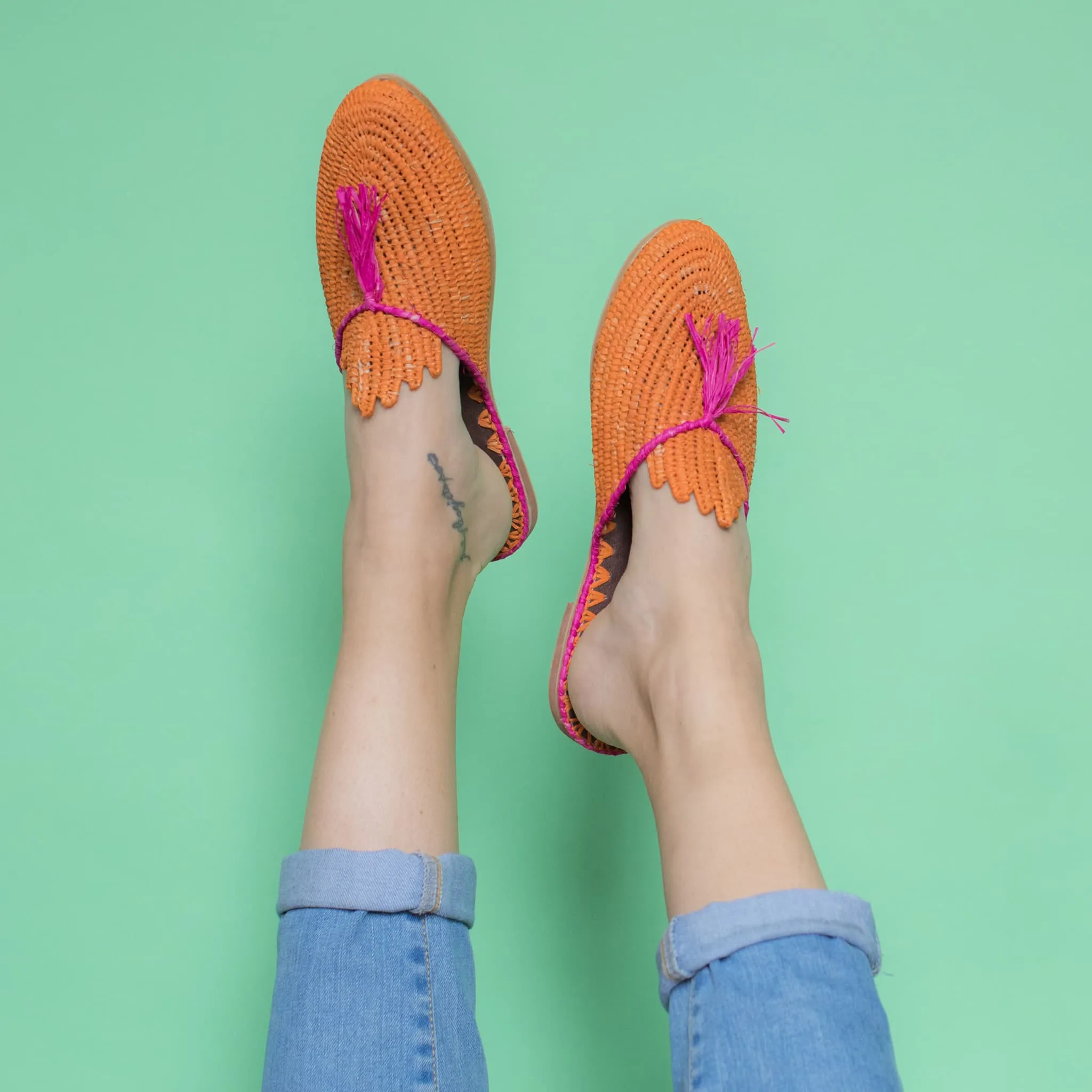 Raffia Slippers with Tassle in Orange, Pink