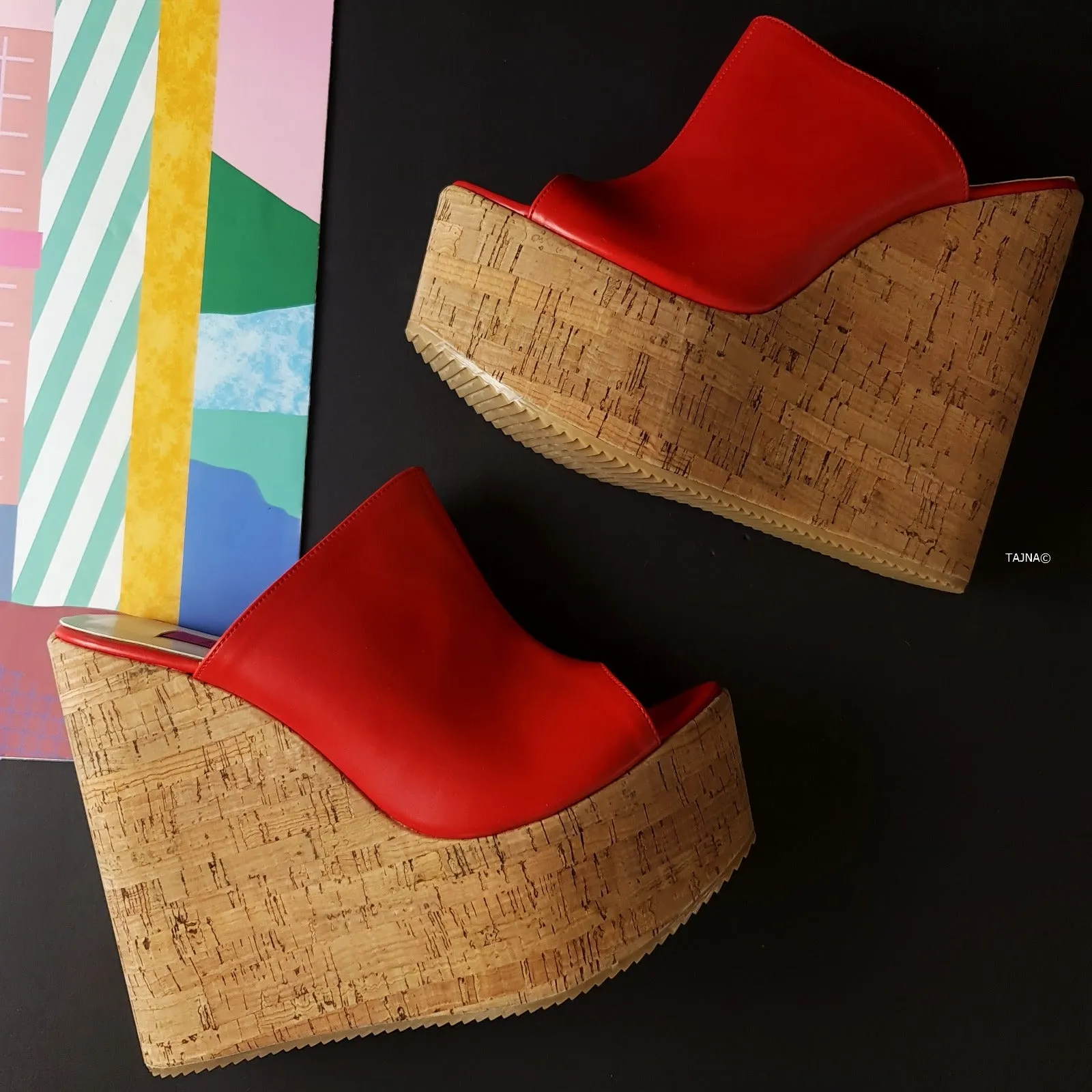 Red Cork Wedge Platform Mules