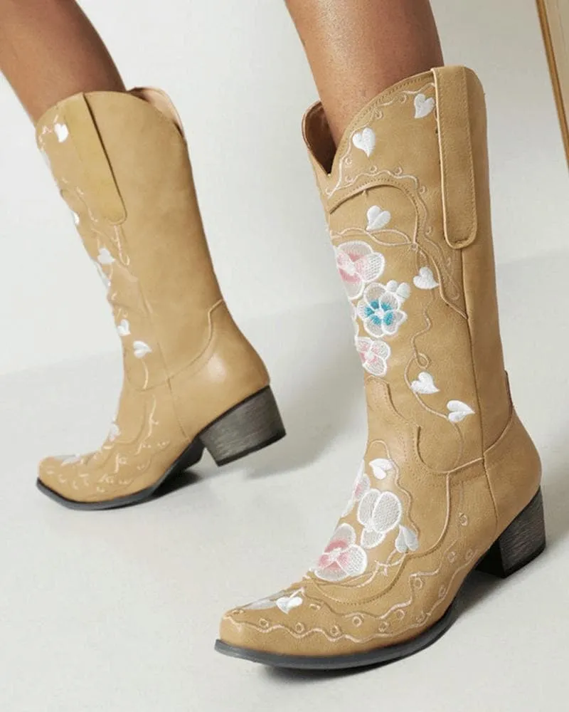 Women's Fashion Embroidery Chunky Heel Cowboy Boots